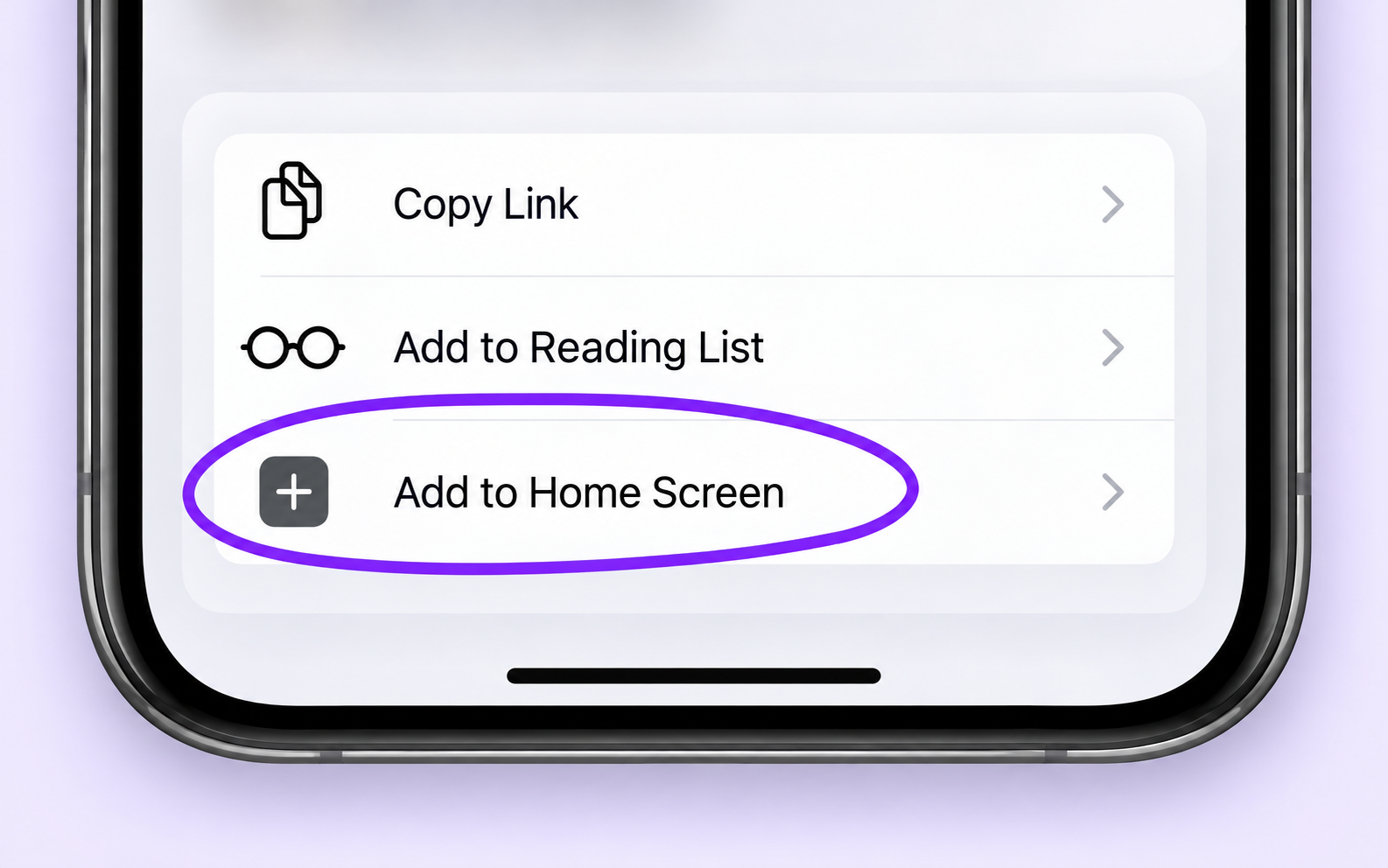 Add to Home Screen circled in the Share menu